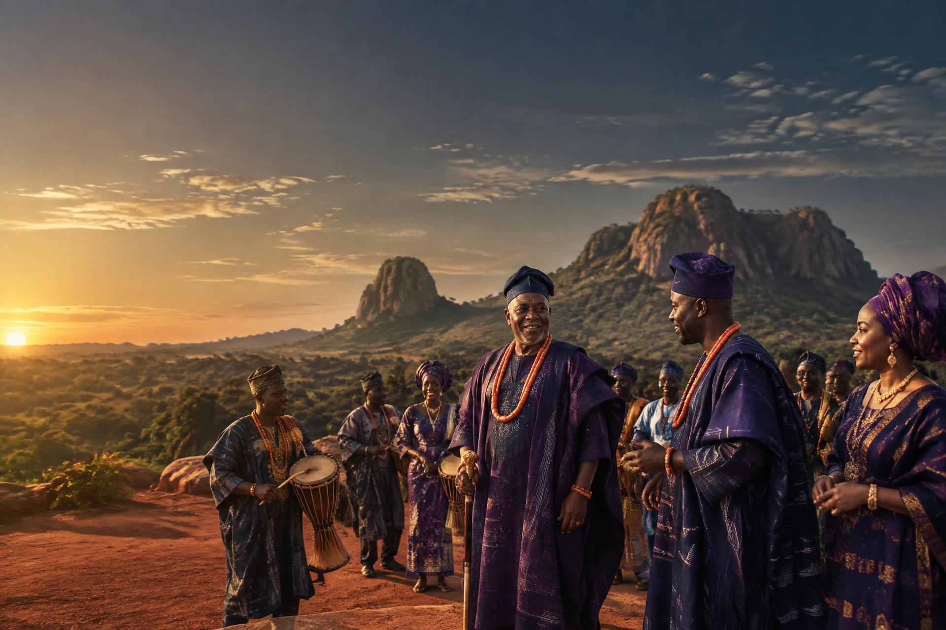 Yoruba community gathered at golden hour
